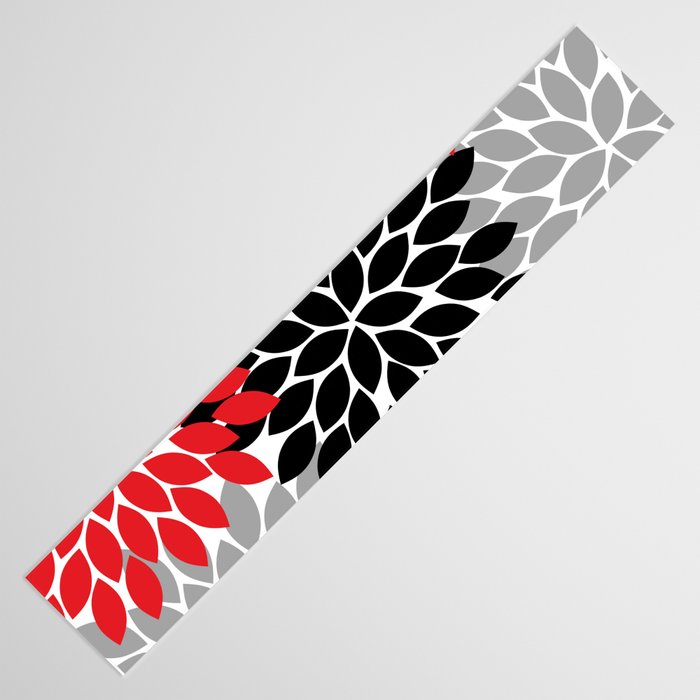 Red Black Gray Flower Pattern, Dahlia Flower Petals, Red Black Floral Pattern Table Runner Gallery Image 3