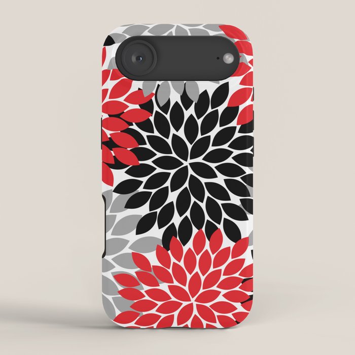 Red Black Gray Flower Pattern, Dahlia Flower Petals, Red Black Floral Pattern iPhone Case Gallery Image 2