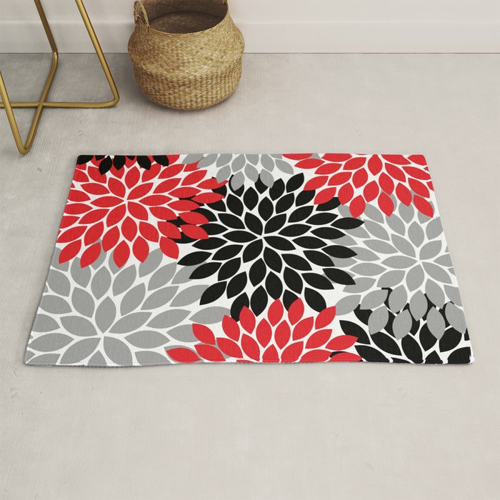 Red Black Gray Flower Pattern, Dahlia Flower Petals, Red Black Floral Pattern Rug Gallery Image 1