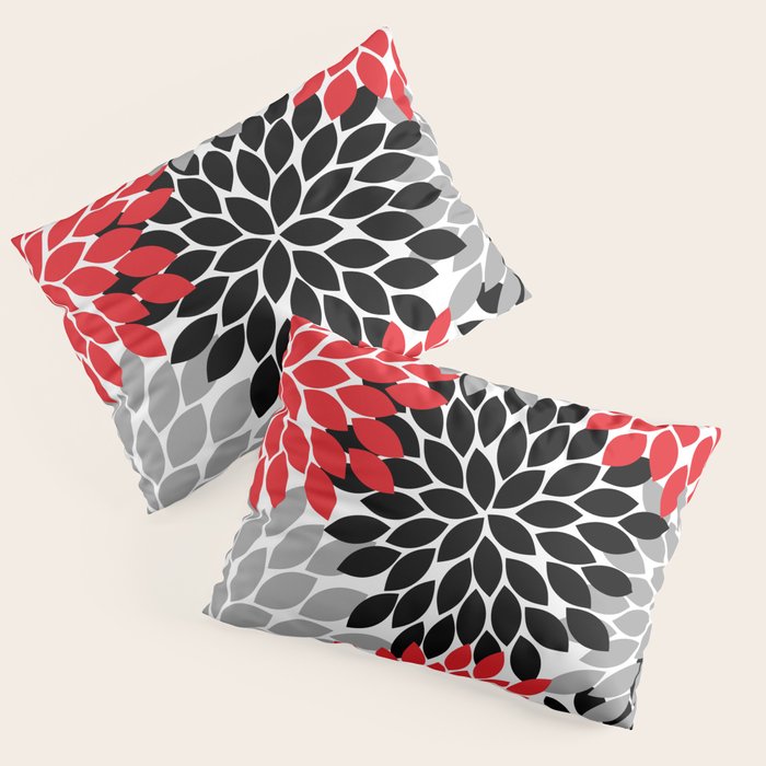 Red Black Gray Flower Pattern, Dahlia Flower Petals, Red Black Floral Pattern Pillow Sham Gallery Image 3