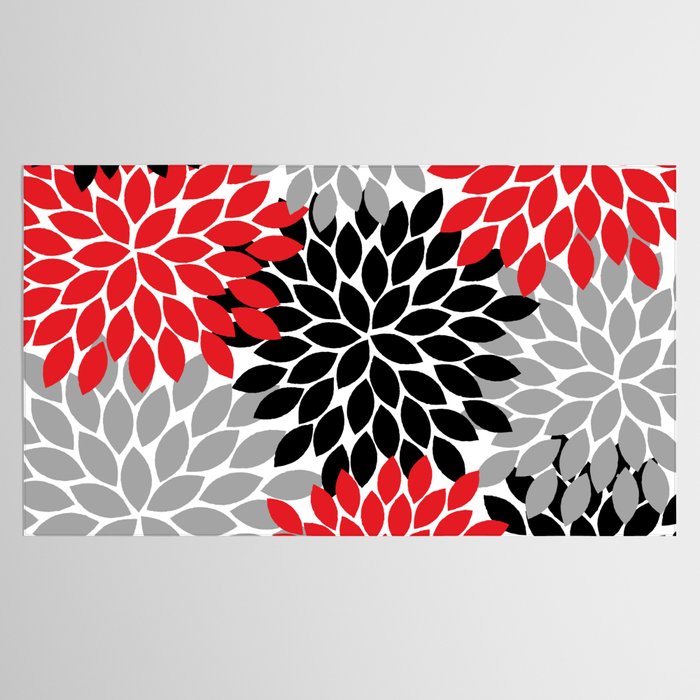 Red Black Gray Flower Pattern, Dahlia Flower Petals, Red Black Floral Pattern Tablecloth Gallery Image 2