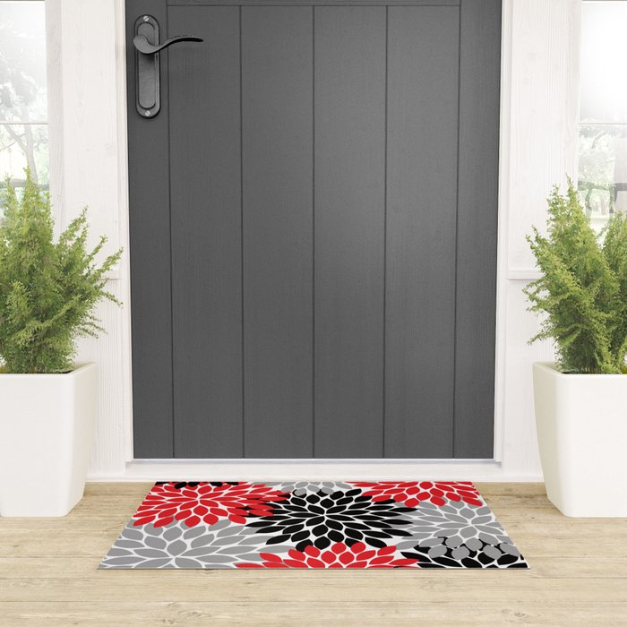 Red Black Gray Flower Pattern, Dahlia Flower Petals, Red Black Floral Pattern Welcome Mat Gallery Image 3