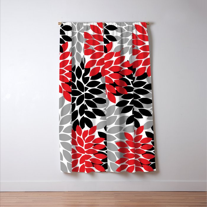 Red Black Gray Flower Pattern, Dahlia Flower Petals, Red Black Floral Pattern Window Curtain Gallery Image 3