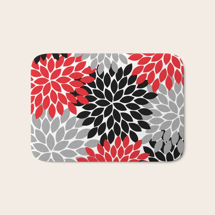 Red Black Gray Flower Pattern, Dahlia Flower Petals, Red Black Floral Pattern Bath Mat Gallery Image 1