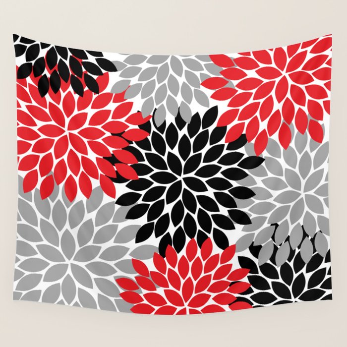 Red Black Gray Flower Pattern, Dahlia Flower Petals, Red Black Floral Pattern Wall Tapestry Gallery Image 4