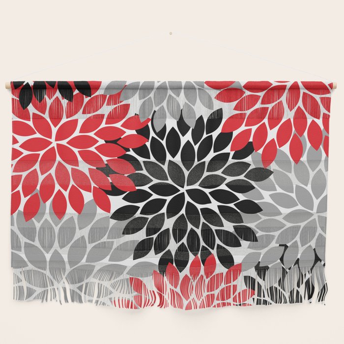 Red Black Gray Flower Pattern, Dahlia Flower Petals, Red Black Floral Pattern Wall Hanging Gallery Image 1