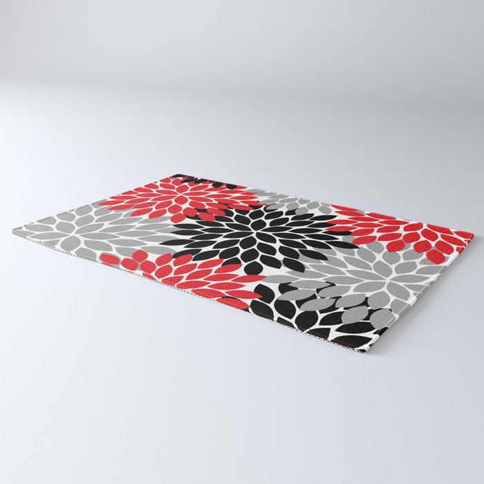Red Black Gray Flower Pattern, Dahlia Flower Petals, Red Black Floral Pattern Rug Gallery Image 3