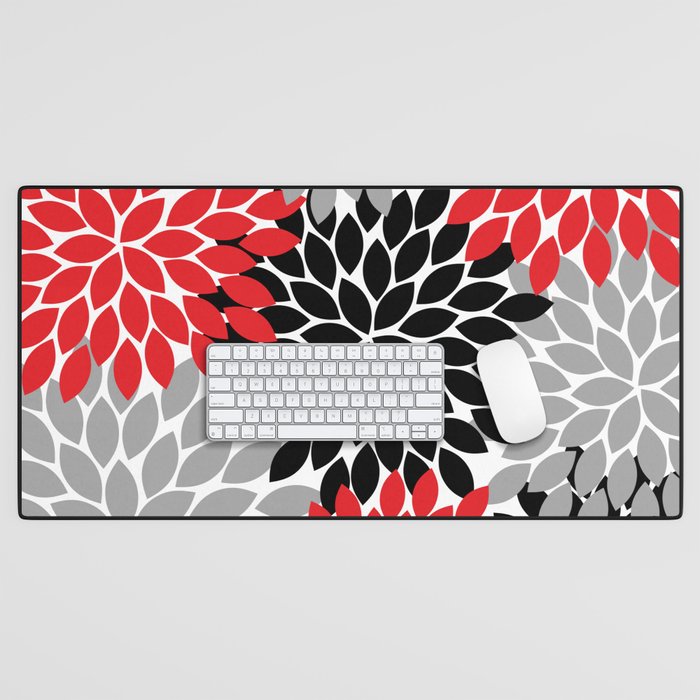 Red Black Gray Flower Pattern, Dahlia Flower Petals, Red Black Floral Pattern Desk Mat Gallery Image 1