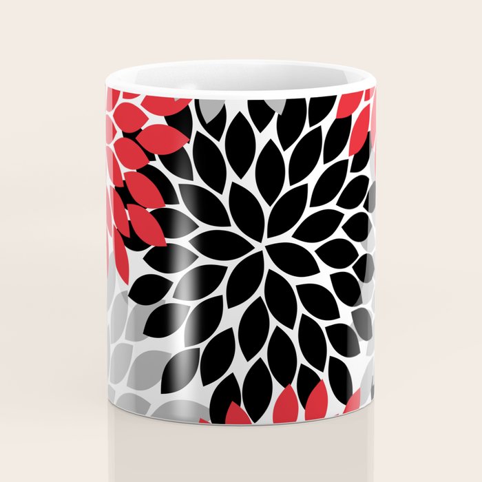 Red Black Gray Flower Pattern, Dahlia Flower Petals, Red Black Floral Pattern Coffee Mug Gallery Image 4