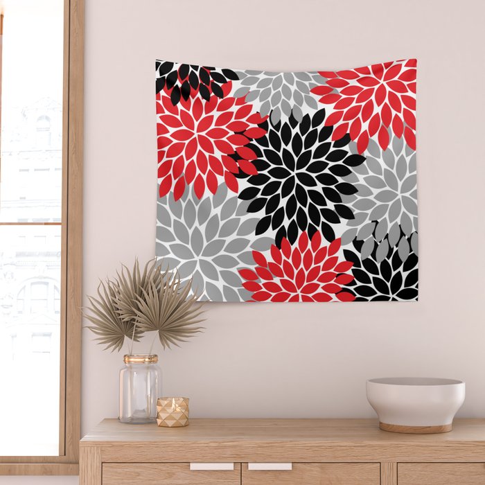 Red Black Gray Flower Pattern, Dahlia Flower Petals, Red Black Floral Pattern Wall Tapestry Gallery Image 2