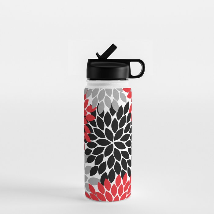 Red Black Gray Flower Pattern, Dahlia Flower Petals, Red Black Floral Pattern Water Bottle Gallery Image 1
