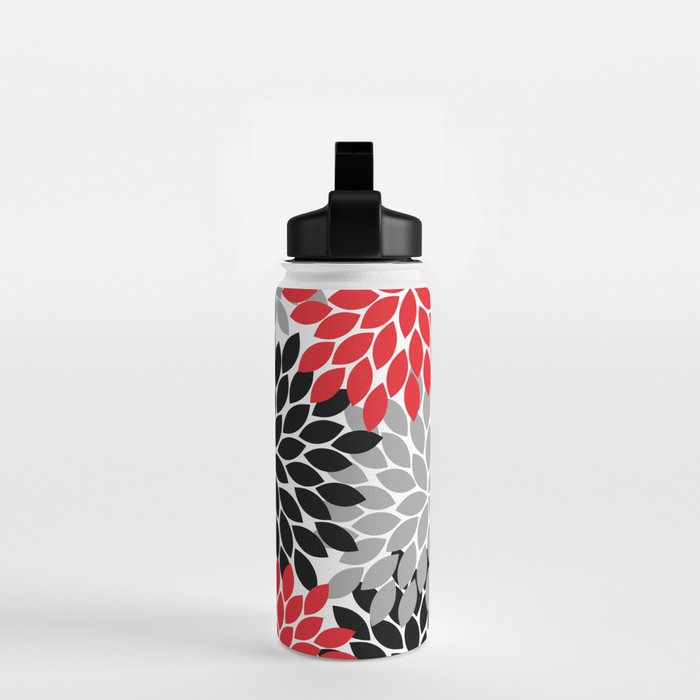Red Black Gray Flower Pattern, Dahlia Flower Petals, Red Black Floral Pattern Water Bottle Gallery Image 2
