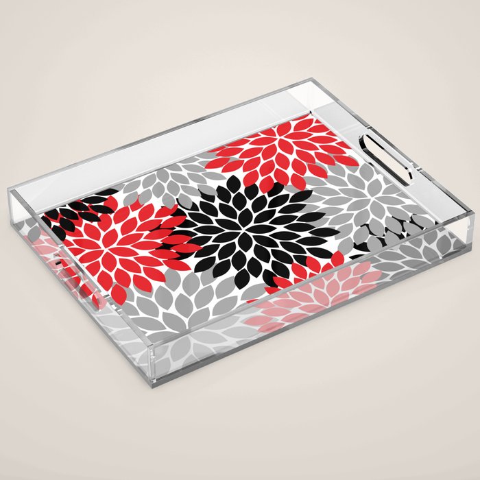 Red Black Gray Flower Pattern, Dahlia Flower Petals, Red Black Floral Pattern Acrylic Tray Gallery Image 1