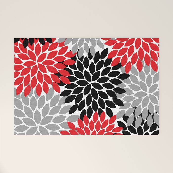 Red Black Gray Flower Pattern, Dahlia Flower Petals, Red Black Floral Pattern Welcome Mat Gallery Image 1