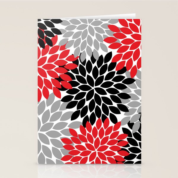 Red Black Gray Flower Pattern, Dahlia Flower Petals, Red Black Floral Pattern Stationery Card Gallery Image 2