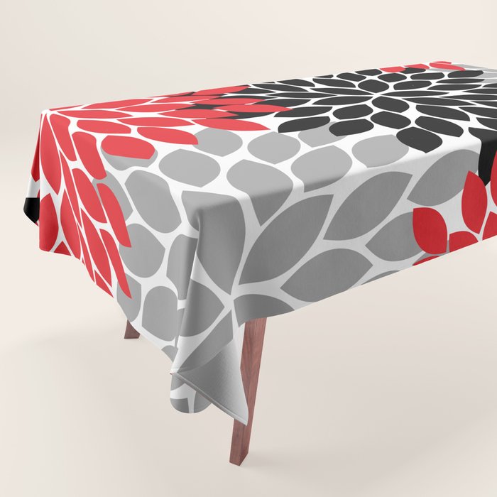 Red Black Gray Flower Pattern, Dahlia Flower Petals, Red Black Floral Pattern Tablecloth Gallery Image 1