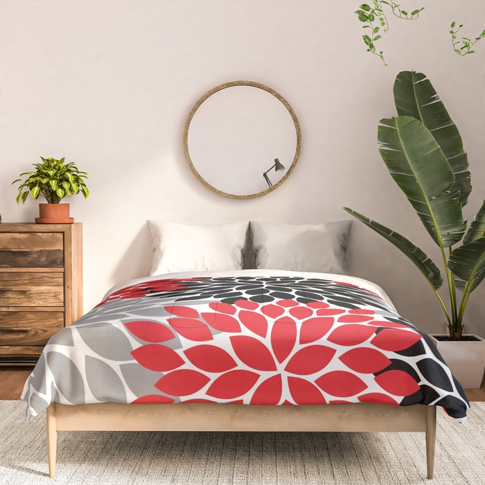 Red Black Gray Flower Pattern, Dahlia Flower Petals, Red Black Floral Pattern Comforter Gallery Image 3