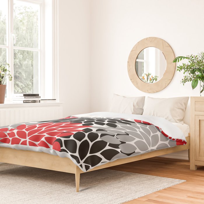 Red Black Gray Flower Pattern, Dahlia Flower Petals, Red Black Floral Pattern Duvet Cover Gallery Image 2