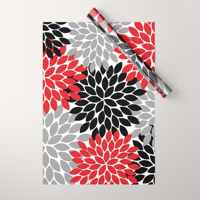 Red Black Gray Flower Pattern, Dahlia Flower Petals, Red Black Floral Pattern Wrapping Paper Gallery Image 1
