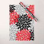 Red Black Gray Flower Pattern, Dahlia Flower Petals, Red Black Floral Pattern Wrapping Paper Gallery Image 1