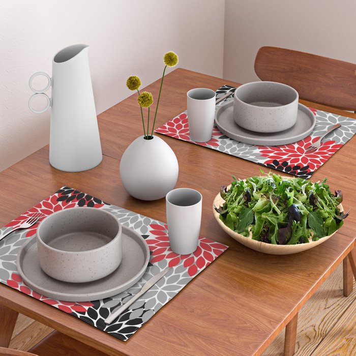 Red Black Gray Flower Pattern, Dahlia Flower Petals, Red Black Floral Pattern Placemat Gallery Image 2