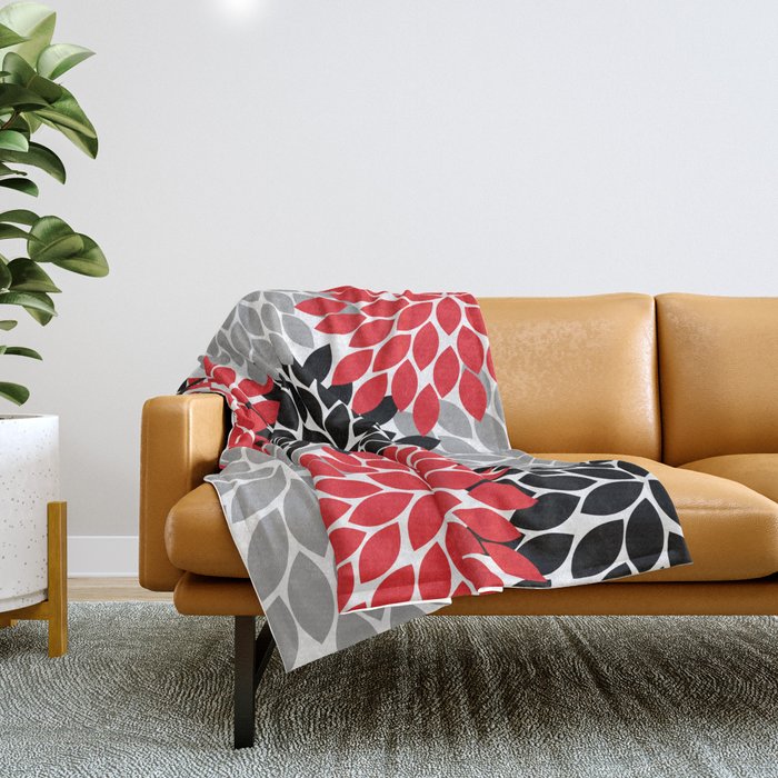 Red Black Gray Flower Pattern, Dahlia Flower Petals, Red Black Floral Pattern Throw Blanket Gallery Image 1