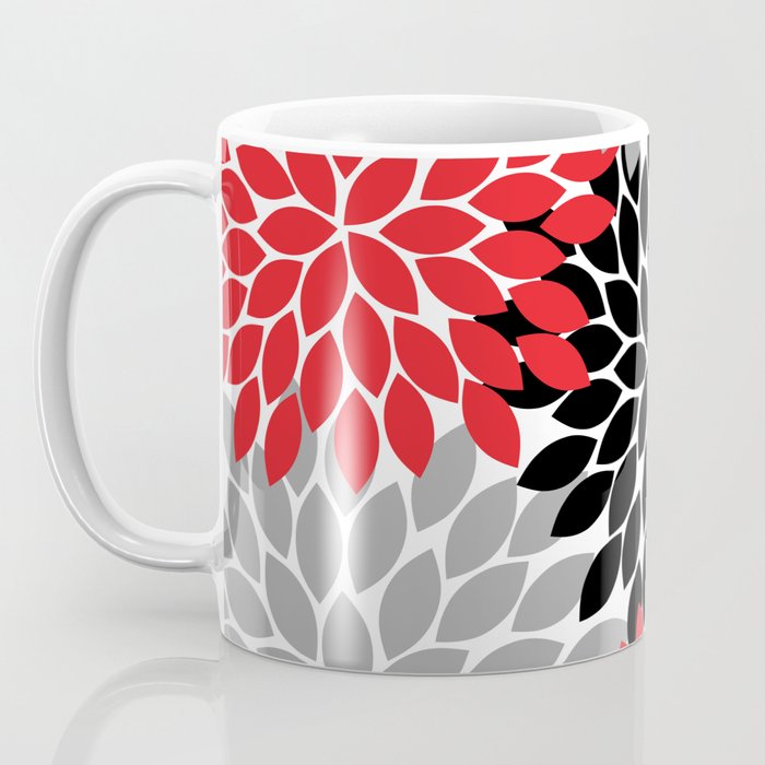 Red Black Gray Flower Pattern, Dahlia Flower Petals, Red Black Floral Pattern Coffee Mug Gallery Image 3