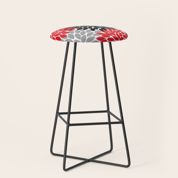 Red Black Gray Flower Pattern, Dahlia Flower Petals, Red Black Floral Pattern Stool Gallery Image 1