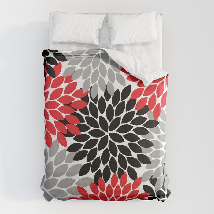 Red Black Gray Flower Pattern, Dahlia Flower Petals, Red Black Floral Pattern Duvet Cover Gallery Image 1