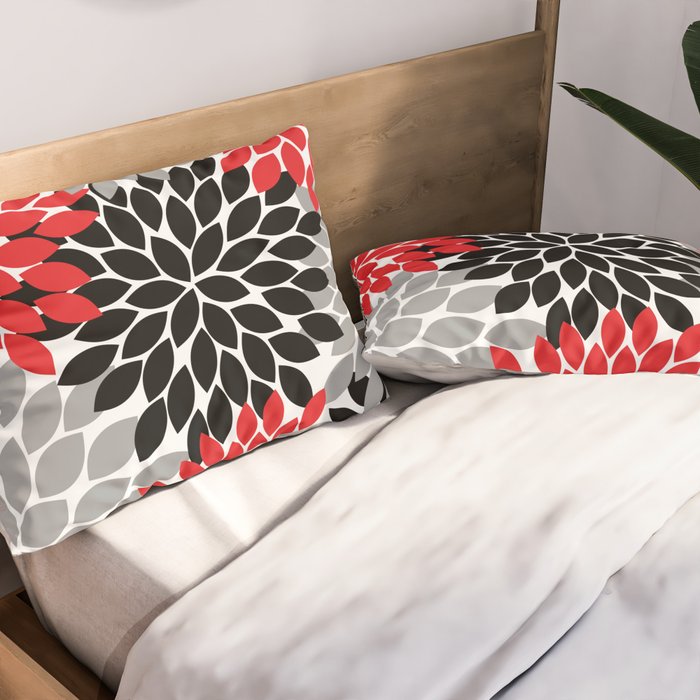 Red Black Gray Flower Pattern, Dahlia Flower Petals, Red Black Floral Pattern Pillow Sham Gallery Image 2