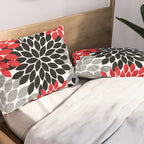 Red Black Gray Flower Pattern, Dahlia Flower Petals, Red Black Floral Pattern Pillow Sham Gallery Image 2