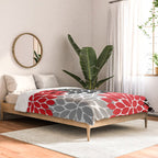 Red Black Gray Flower Pattern, Dahlia Flower Petals, Red Black Floral Pattern Comforter Gallery Image 2