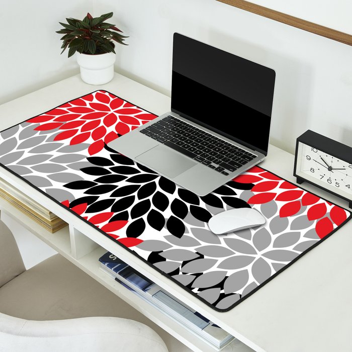 Red Black Gray Flower Pattern, Dahlia Flower Petals, Red Black Floral Pattern Desk Mat Gallery Image 2