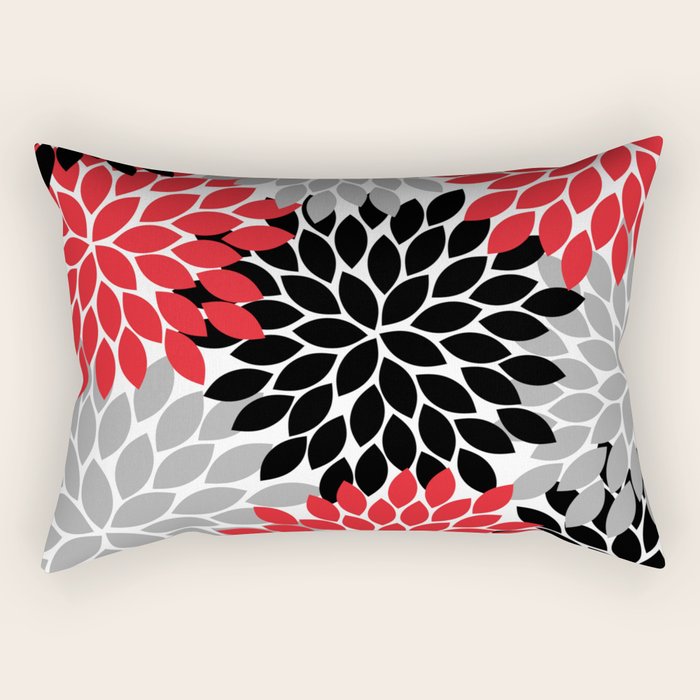 Red Black Gray Flower Pattern, Dahlia Flower Petals, Red Black Floral Pattern Rectangular Pillow Gallery Image 2
