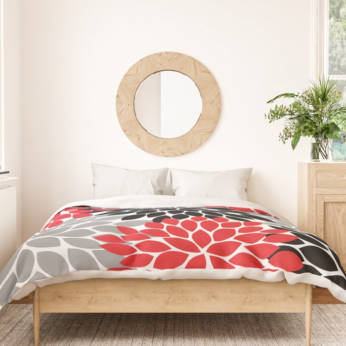 Red Black Gray Flower Pattern, Dahlia Flower Petals, Red Black Floral Pattern Duvet Cover Gallery Image 3