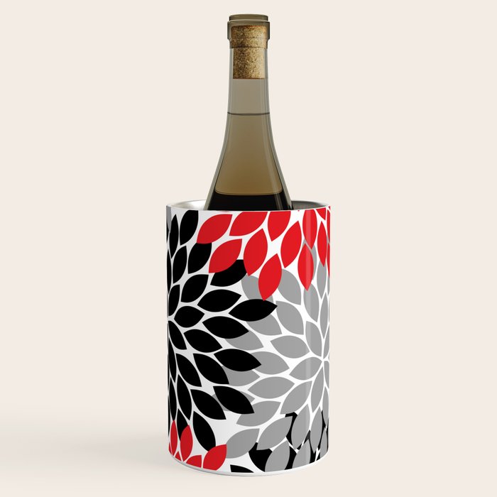 Red Black Gray Flower Pattern, Dahlia Flower Petals, Red Black Floral Pattern Wine Chiller Gallery Image 3