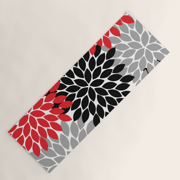 Red Black Gray Flower Pattern, Dahlia Flower Petals, Red Black Floral Pattern Yoga Mat Gallery Image 1