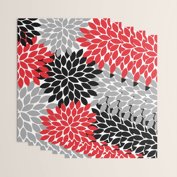 Red Black Gray Flower Pattern, Dahlia Flower Petals, Red Black Floral Pattern Wrapping Paper Gallery Image 3