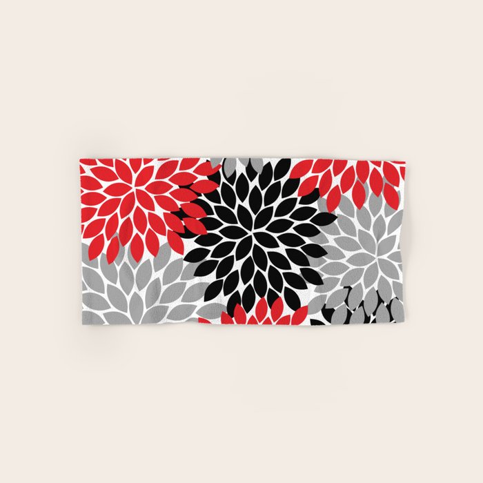Red Black Gray Flower Pattern, Dahlia Flower Petals, Red Black Floral Pattern Bath Towel Gallery Image 1