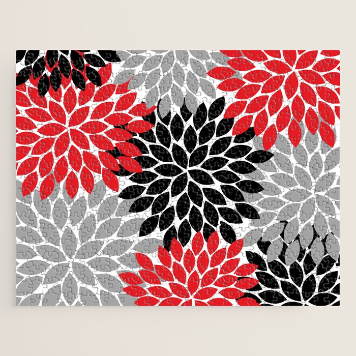 Red Black Gray Flower Pattern, Dahlia Flower Petals, Red Black Floral Pattern Jigsaw Puzzle Gallery Image 1