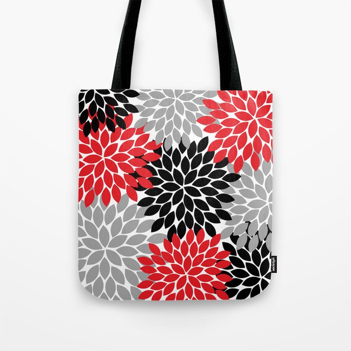 Red Black Gray Flower Pattern, Dahlia Flower Petals, Red Black Floral Pattern Tote Bag Gallery Image 1