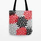 Red Black Gray Flower Pattern, Dahlia Flower Petals, Red Black Floral Pattern Tote Bag Gallery Image 1