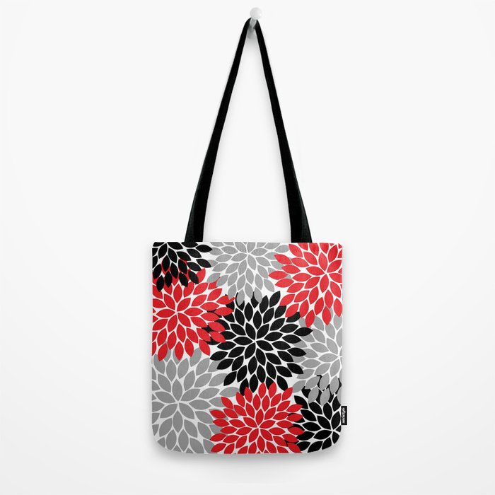 Red Black Gray Flower Pattern, Dahlia Flower Petals, Red Black Floral Pattern Tote Bag Gallery Image 2