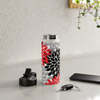 Red Black Gray Flower Pattern, Dahlia Flower Petals, Red Black Floral Pattern Water Bottle Gallery Image 4