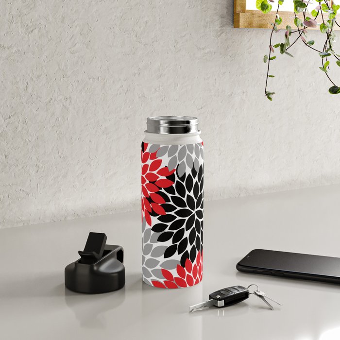 Red Black Gray Flower Pattern, Dahlia Flower Petals, Red Black Floral Pattern Water Bottle Gallery Image 4