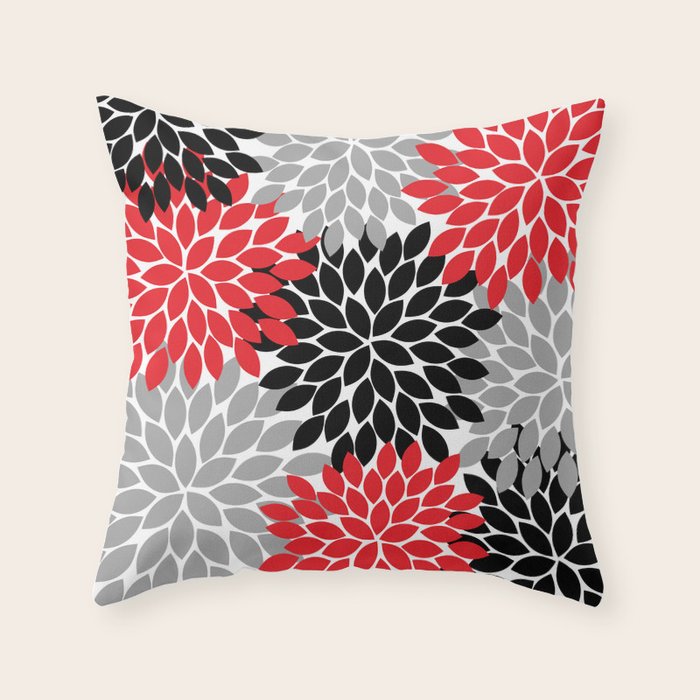 Red Black Gray Flower Pattern, Dahlia Flower Petals, Red Black Floral Pattern Throw Pillow Gallery Image 6