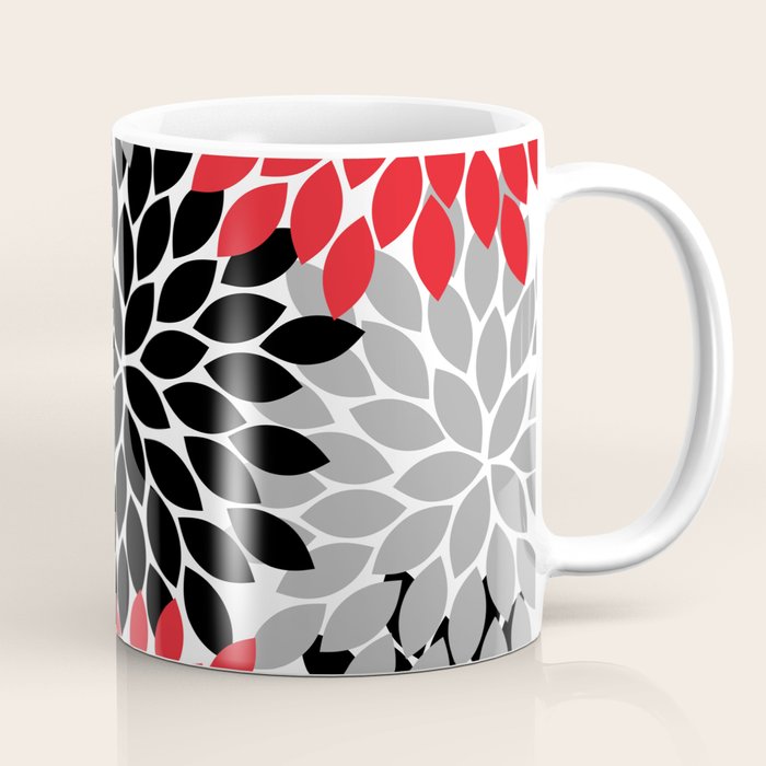 Red Black Gray Flower Pattern, Dahlia Flower Petals, Red Black Floral Pattern Coffee Mug Gallery Image 1