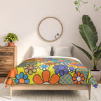 Groovy Retro Garden Gingham Flowers 60s 70s Maximalist Floral Pattern Blue Orange Yellow Comforter Gallery Image 3