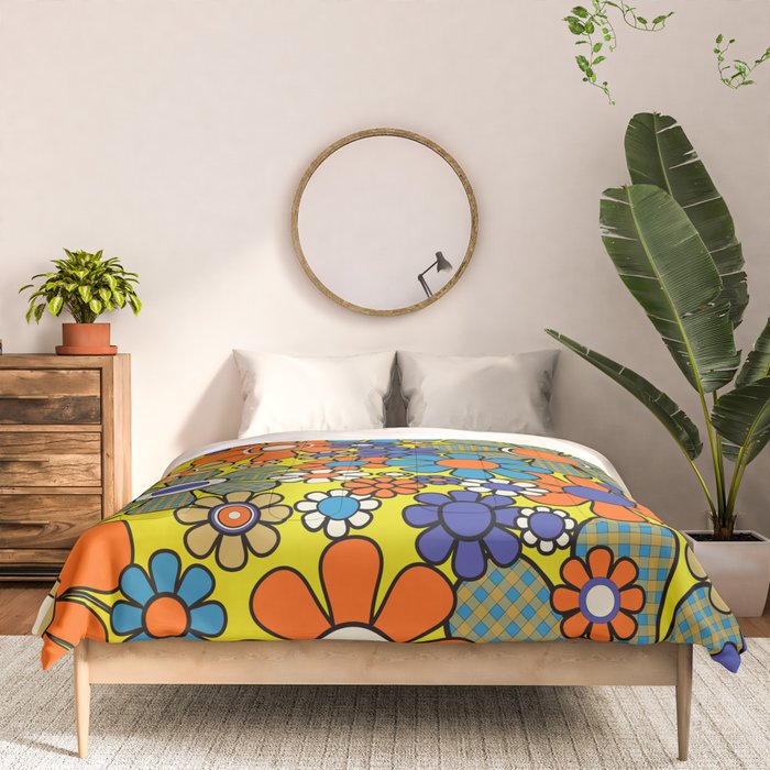 Groovy Retro Garden Gingham Flowers 60s 70s Maximalist Floral Pattern Blue Orange Yellow Comforter Gallery Image 3