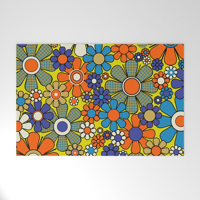 Groovy Retro Garden Gingham Flowers 60s 70s Maximalist Floral Pattern Blue Orange Yellow Welcome Mat Gallery Image 1